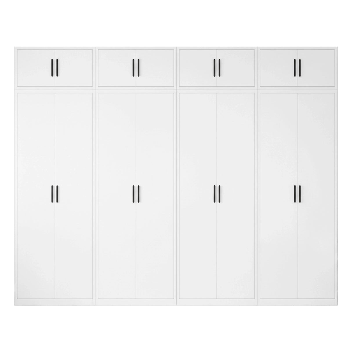 320cm 8-Door White Steel 1 Hanging and 3 Shelf Wardrobe, Above Storage - Black Handle