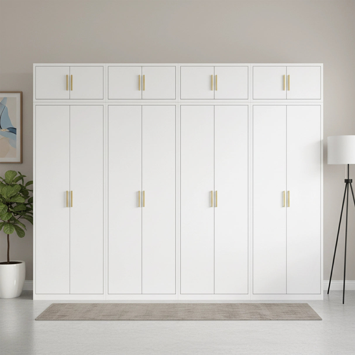 320cm 8-Door White Steel 1 Hanging and 3 Shelf Wardrobe, Above Storage - Gold Handle
