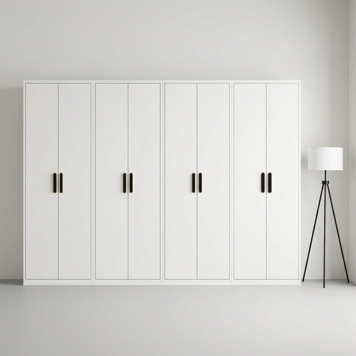 320cm 8-Door White Steel 1 Hanging and 3 Shelf Wardrobe, No Above Storage - Black Handle