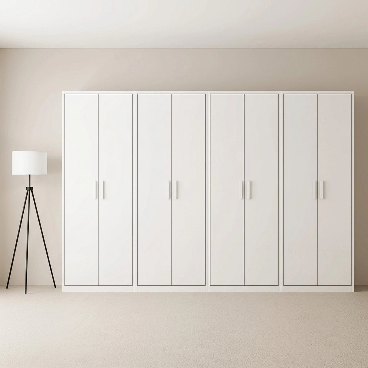 320cm 8-Door White Steel 1 Hanging and 3 Shelf Wardrobe, No Above Storage - White Handle
