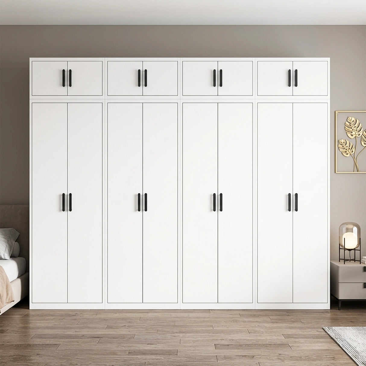 320cm 8-Door White Steel 4 Hanging Wardrobe, Above Storage - Black Handle