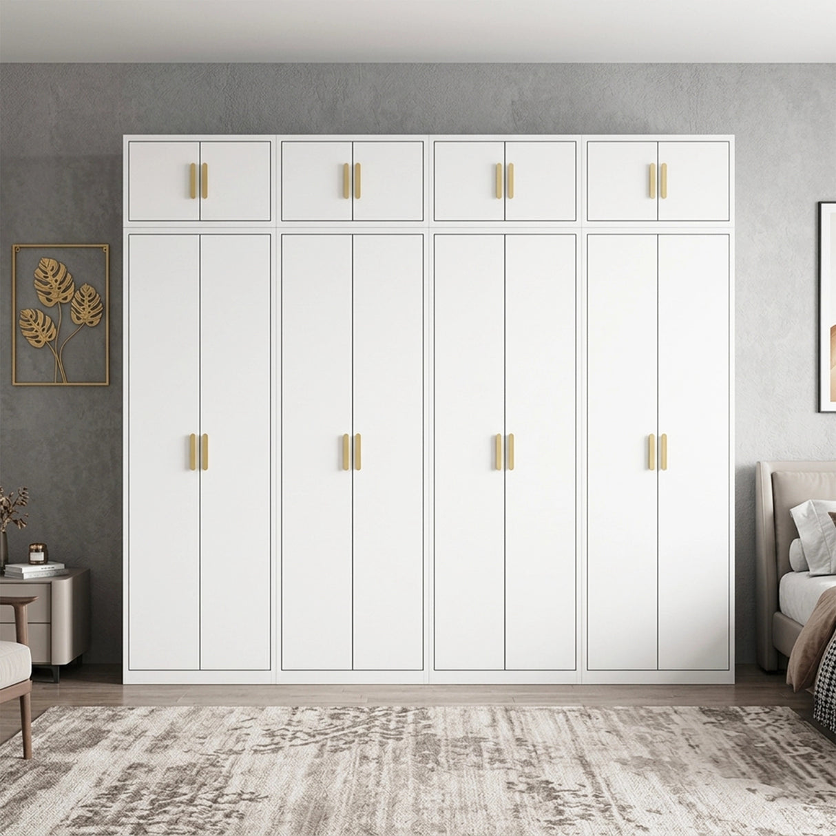320cm 8-Door White Steel 4 Hanging Wardrobe, Above Storage - Gold Handle