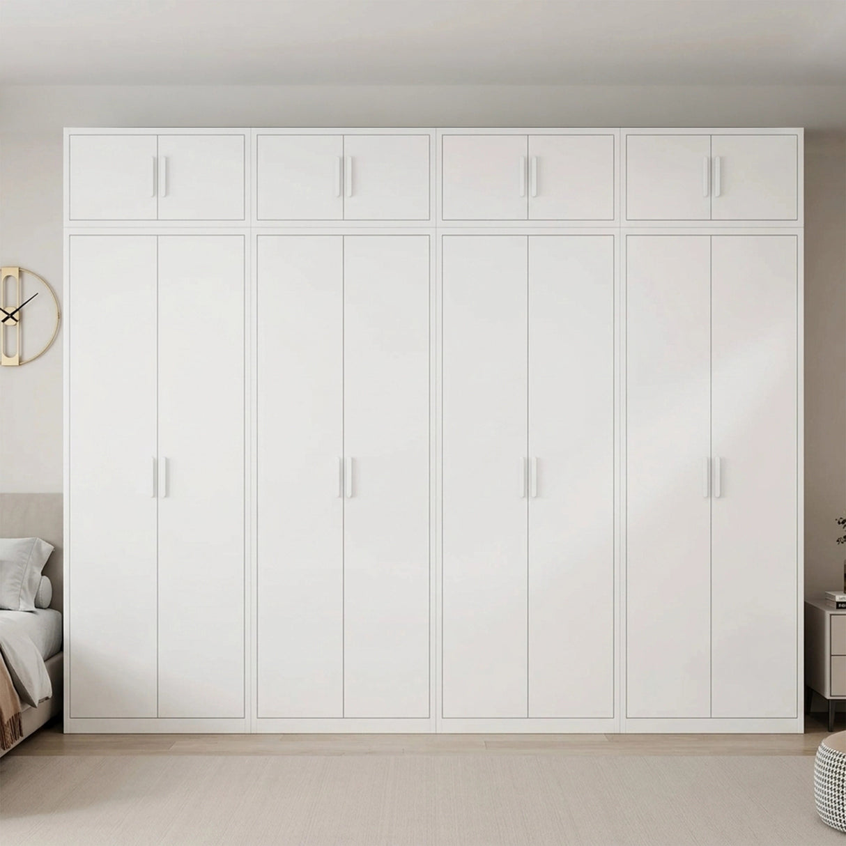 320cm 8-Door White Steel 4 Hanging Wardrobe, Above Storage - White Handle