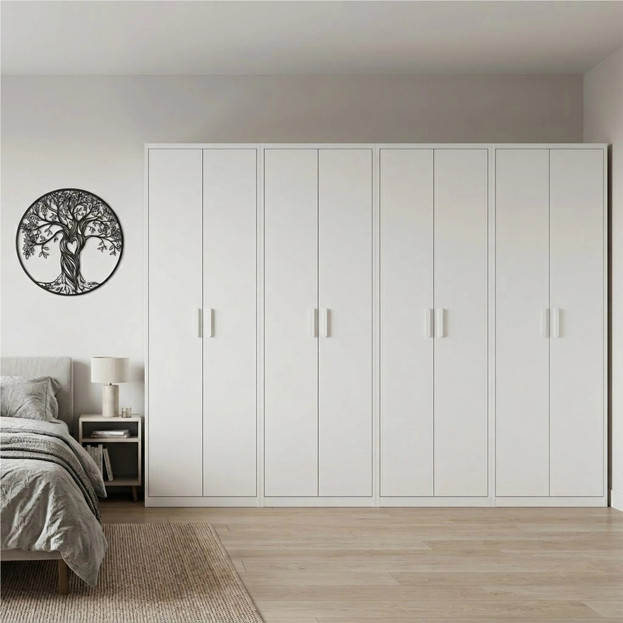 320cm 8-Door White Steel 4 Hanging Wardrobe, No Above Storage - White Handle