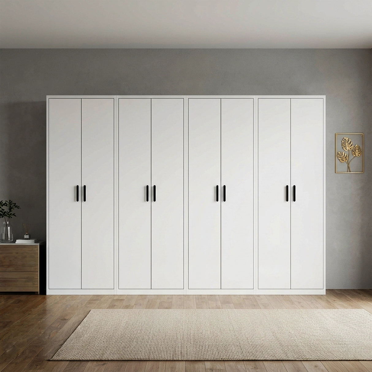 320cm 8-Door White Steel 4 Shelf Wardrobe, No Above Storage - Black Handle