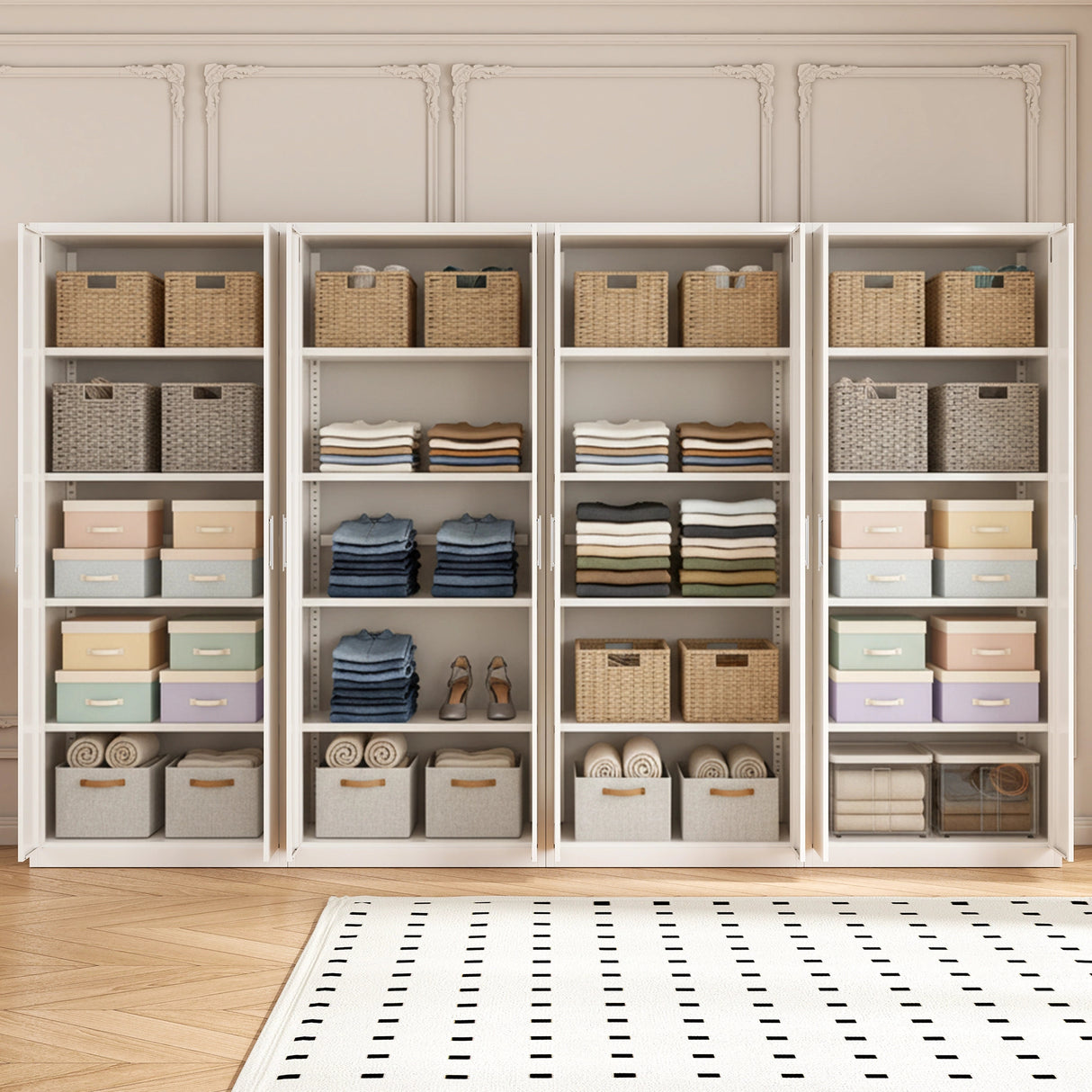 320cm 8-Door White Steel 4 Shelf Wardrobe, No Above Storage - White Handle