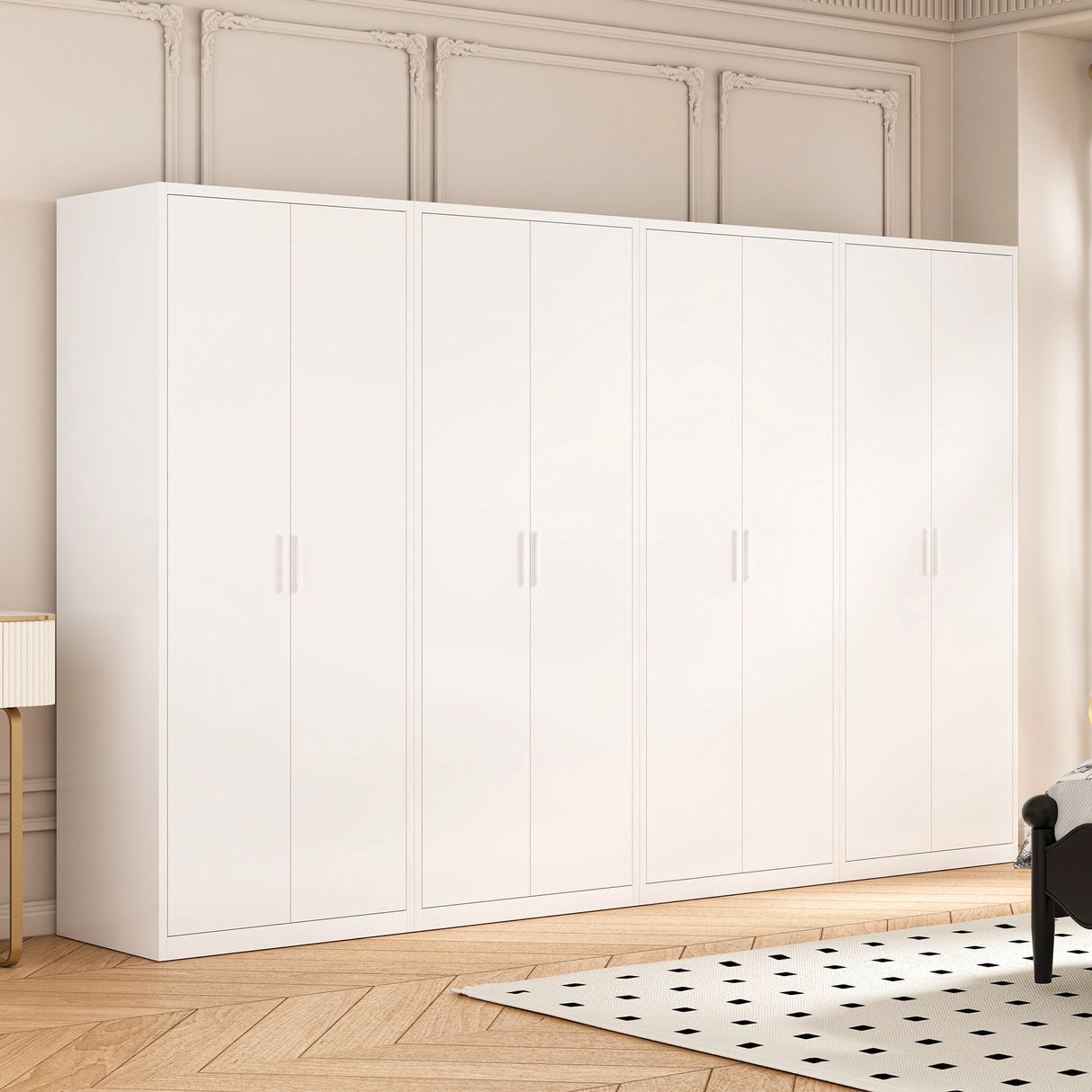 320cm 8-Door White Steel 4 Shelf Wardrobe, No Above Storage - White Handle