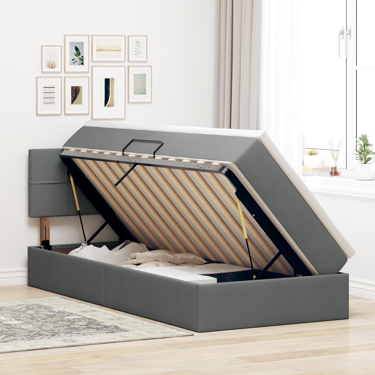 LED Storage Bed with Mattress Dark Grey 107 x 203 cm Fabric