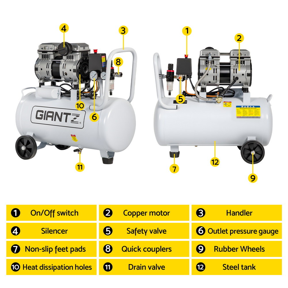 Giantz 30L Air Compressor Quiet 0.75HP Oil-Free Portable Tyre Inflator 40L/Min