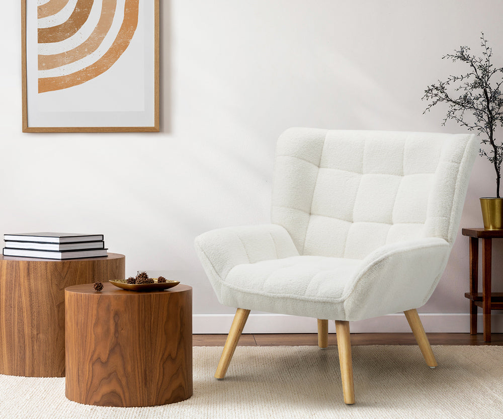 Oikiture Armchair Sofa Lounge Sherpa Upholstered White