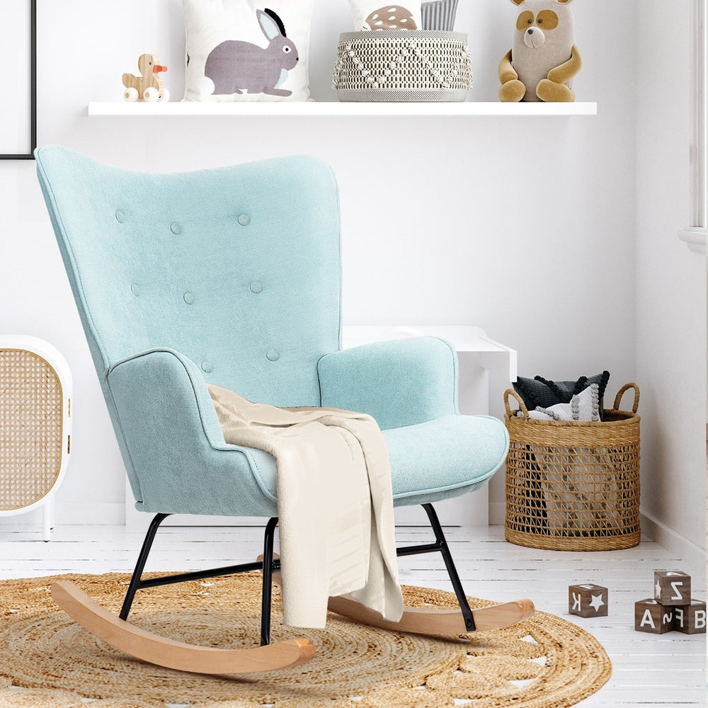 Oikiture Rocking Chair Nursing Armchair Velvet Accent Chairs Upholstered Blue