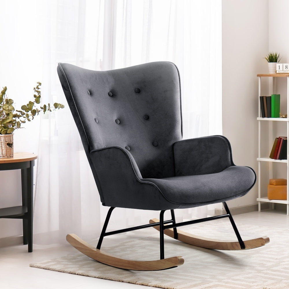 Oikiture Rocking Chair Armchair Velvet Accent Chairs Fabric Upholstered Grey
