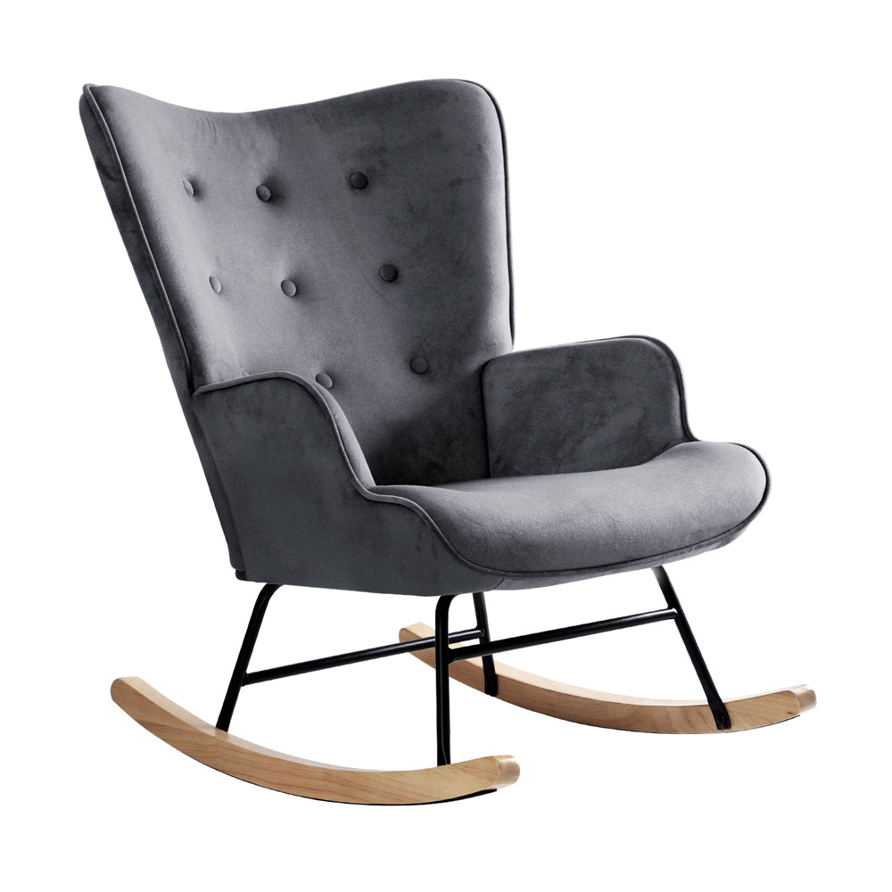 Oikiture Rocking Chair Armchair Velvet Accent Chairs Fabric Upholstered Grey