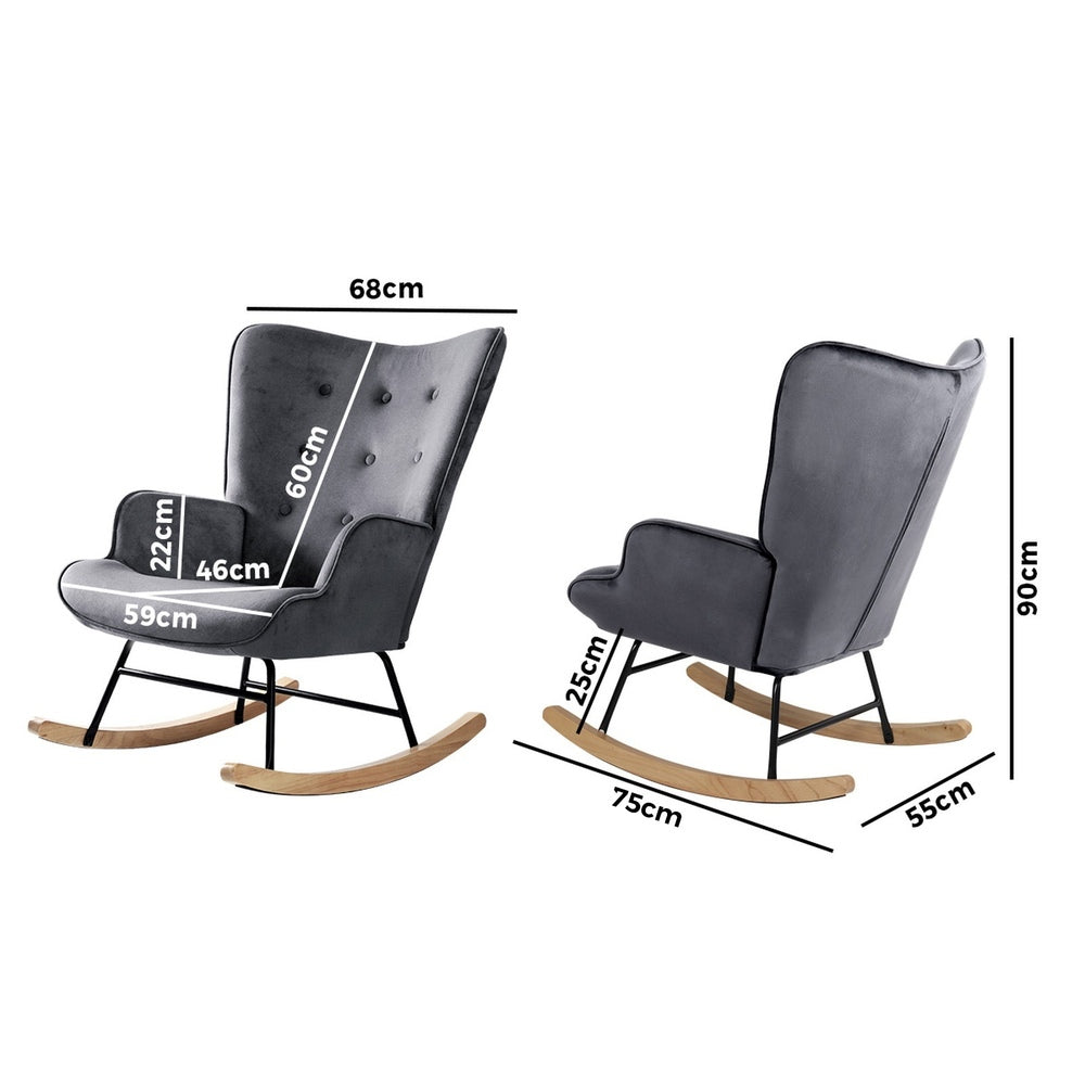 Oikiture Rocking Chair Armchair Velvet Accent Chairs Fabric Upholstered Grey