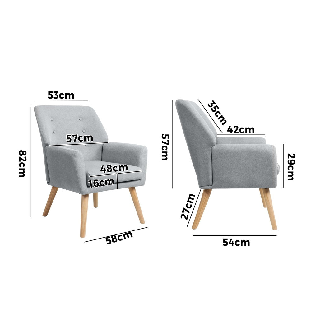 Oikiture 3x Armchair Lounge Chair Linen Tub Chairs Sofa Grey