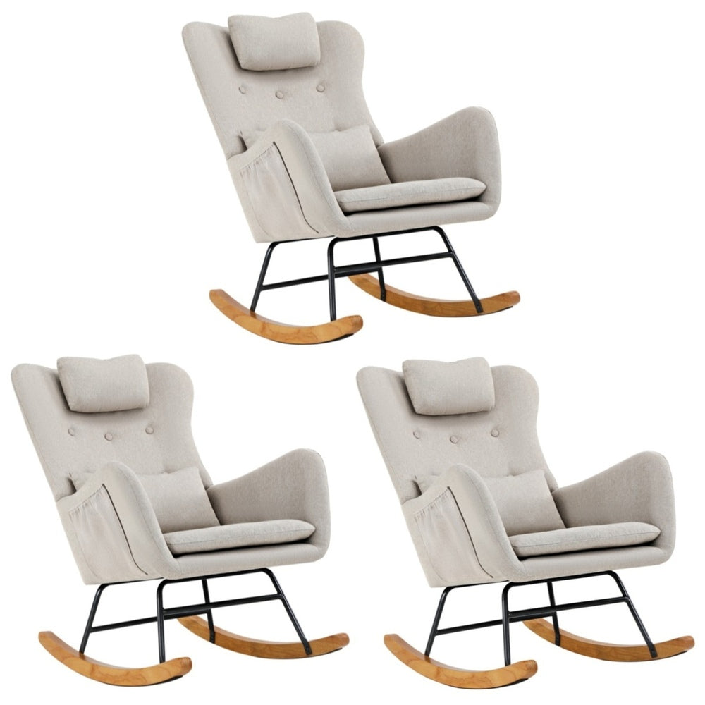 Oikiture 3x Rocking Chair Nursing Armchair Linen 2 Pillow Beige