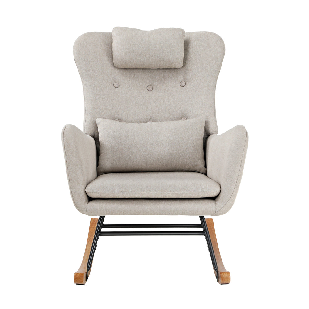 Oikiture 3x Rocking Chair Nursing Armchair Linen 2 Pillow Beige