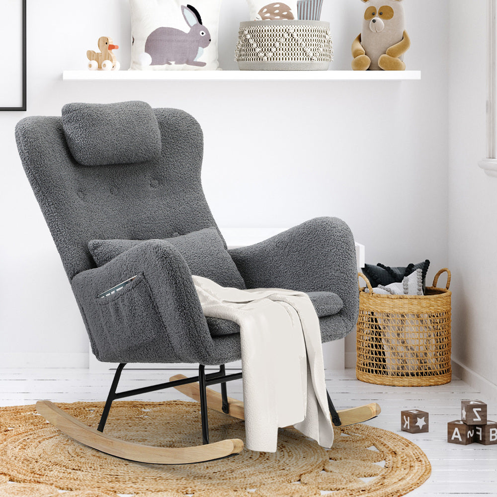 Oikiture Rocking Chair Sherpa With 2 Pillow Grey