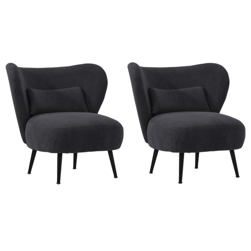 Oikiture 2x Armchair with Lumbar Pillow Wingback Velvet Charcoal