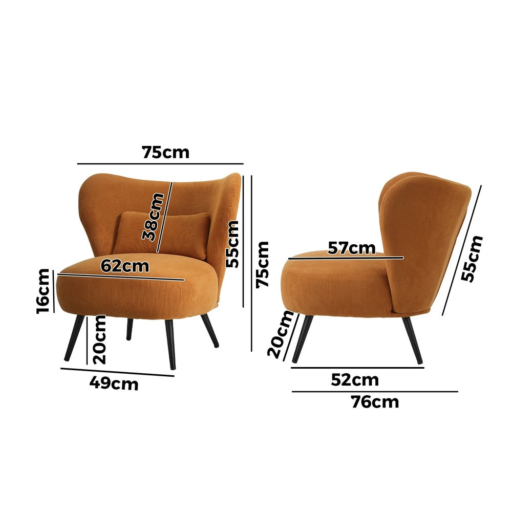 Oikiture Armchair with Lumbar Pillow Wingback Velvet Orange
