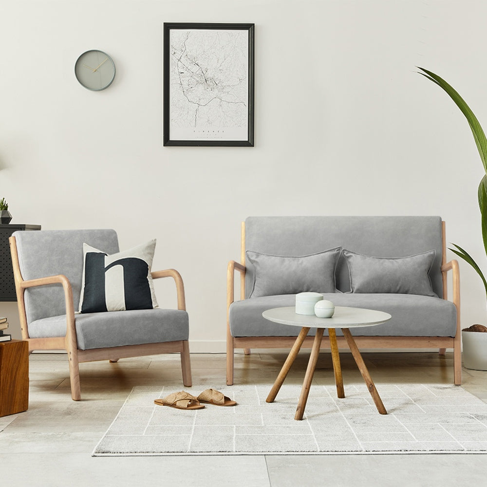 Oikiture 2PCS Armchair Lounge set 1/2 Seater 2 Pillows Fabric Grey