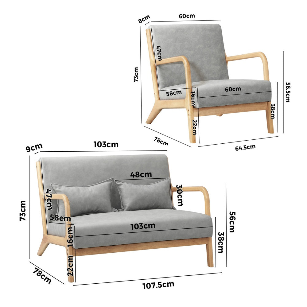 Oikiture 2PCS Armchair Lounge set 1/2 Seater 2 Pillows Fabric Grey