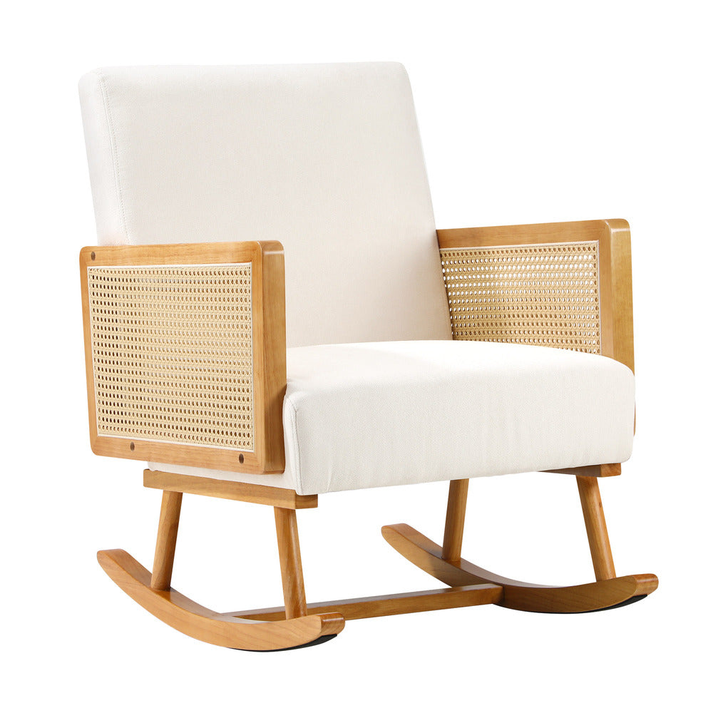 Oikiture 2x Rocking Chair Nursing Armchair Linen PE Rattan Beige