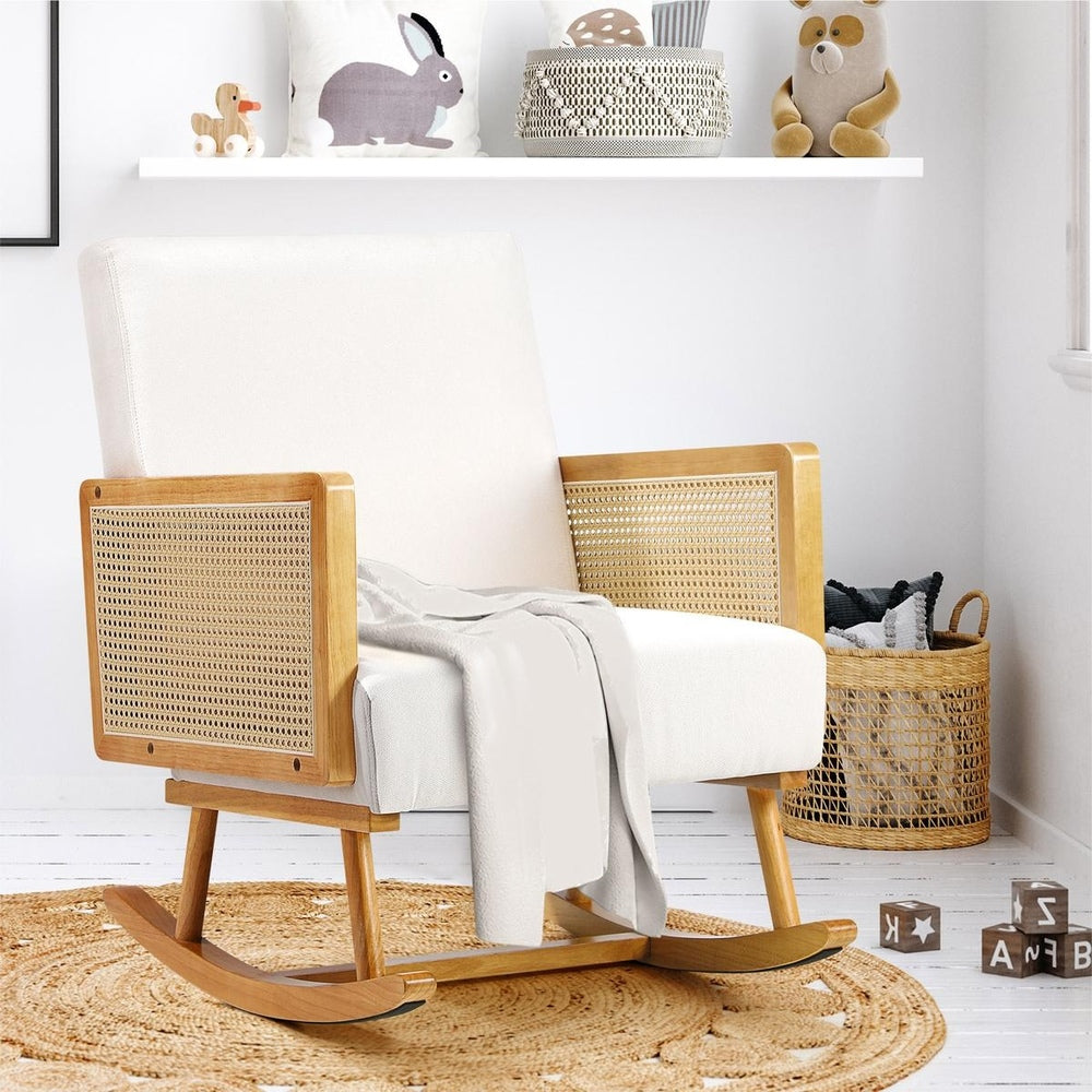 Oikiture 2x Rocking Chair Nursing Armchair Linen PE Rattan Beige
