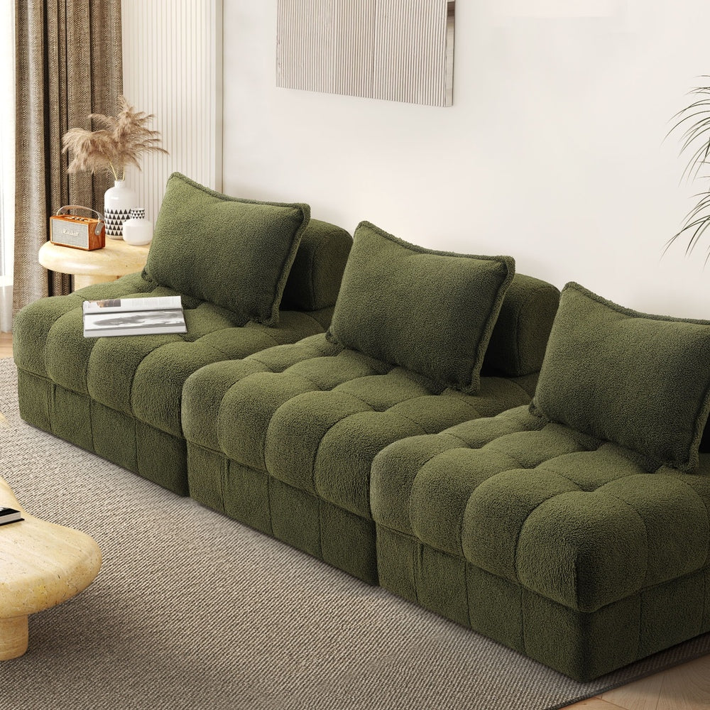 Oikiture 3 Seater Boucle Modular Sofa Armless TOFU Back Green
