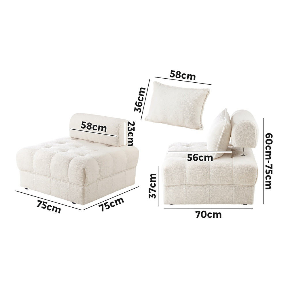 Oikiture 1 Seater Boucle Modular Sofa Lounge Chair Armless White