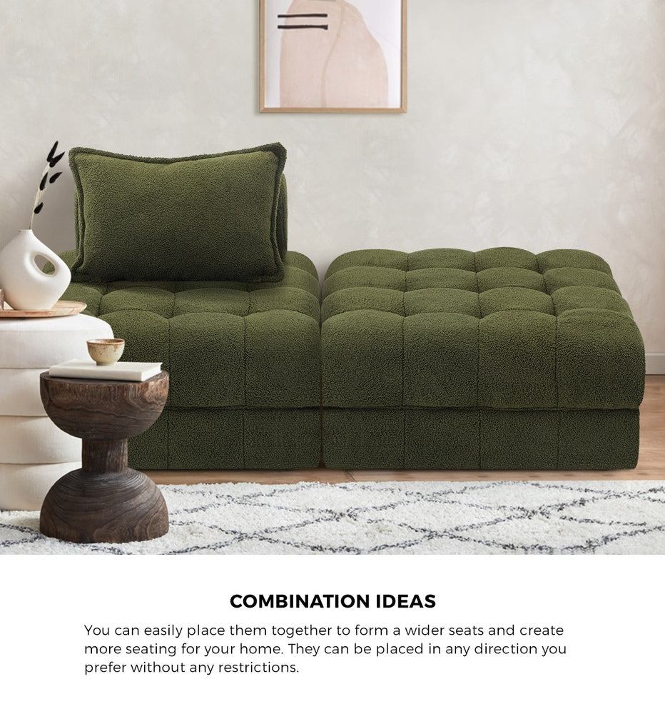 Oikiture 2 Seater Boucle Modular Sofa & Ottoman Set Green