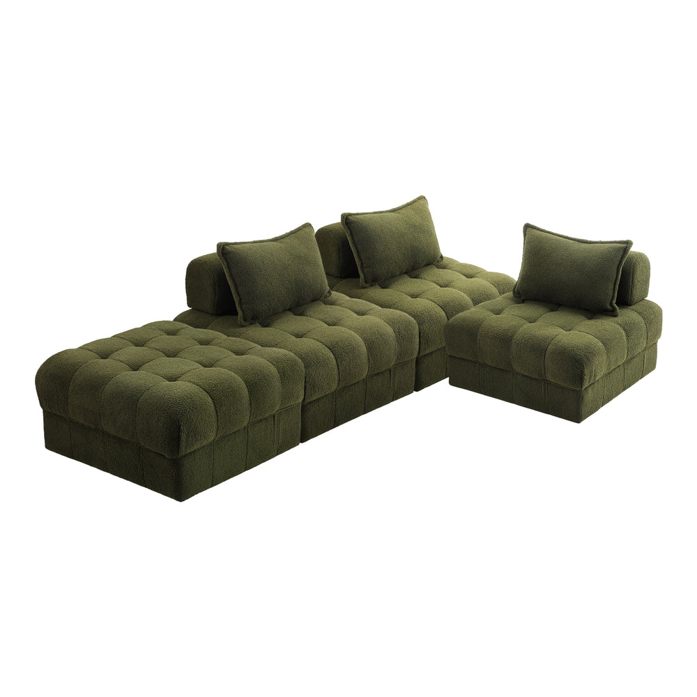 Oikiture 4 Seater Boucle Modular Sofa & Ottoman Set Green
