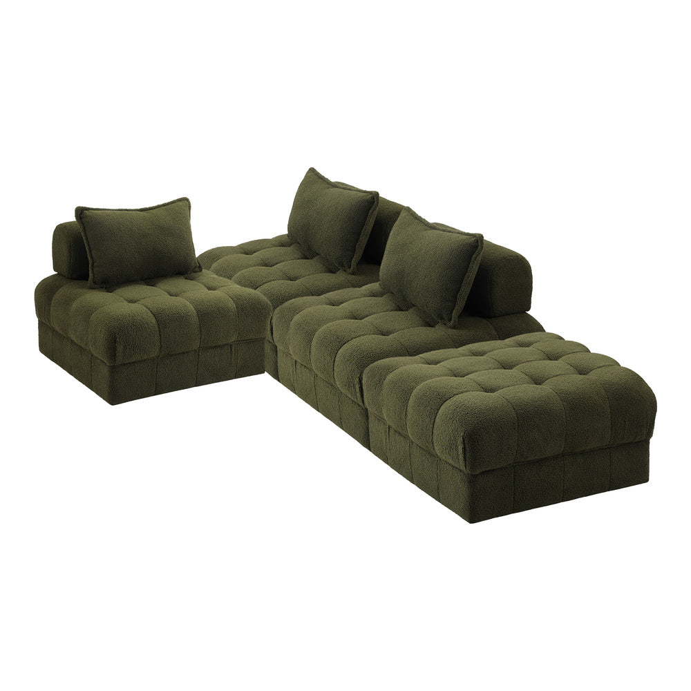 Oikiture 4 Seater Boucle Modular Sofa & Ottoman Set Green