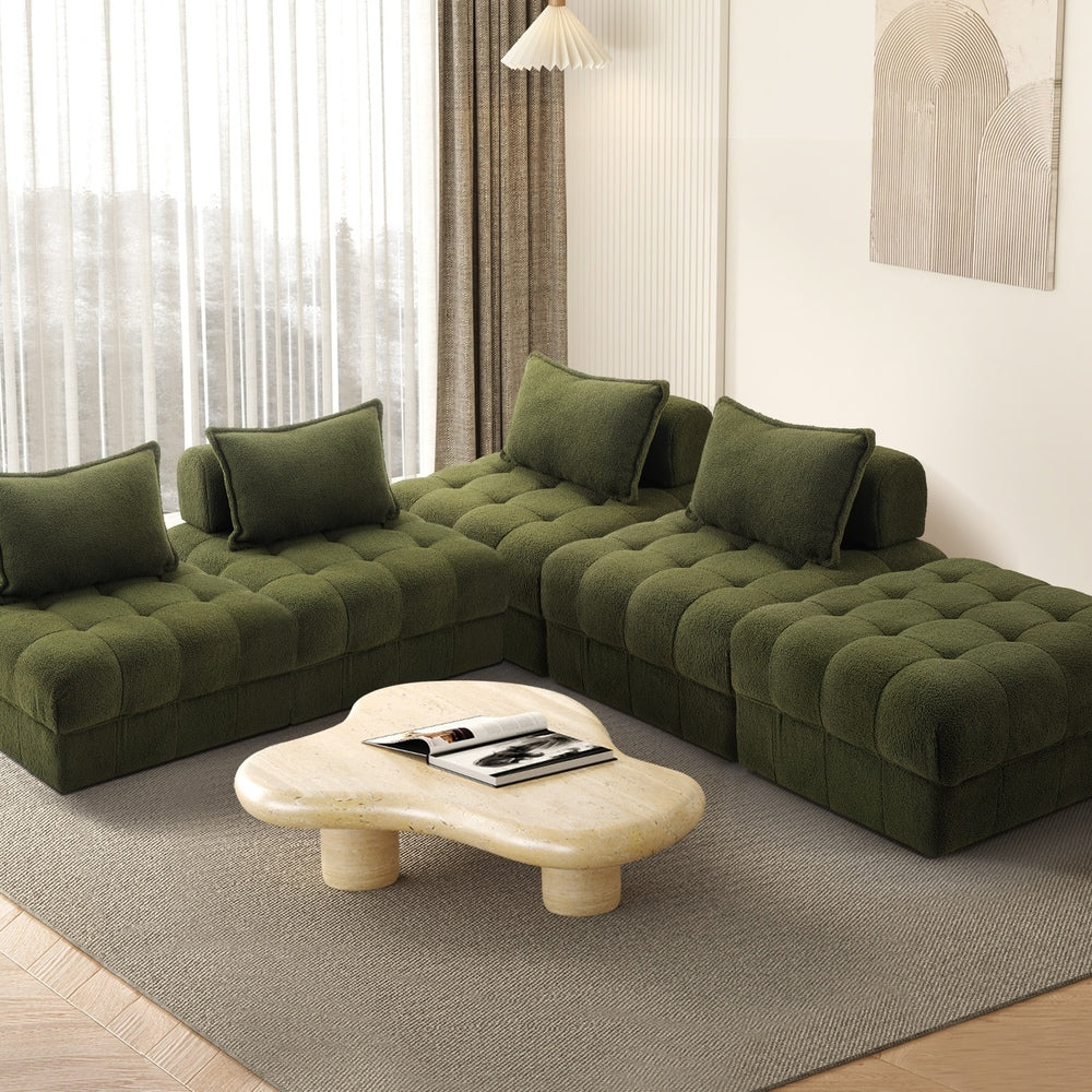 Oikiture 5 Seater Boucle Modular Sofa & Ottoman Set Green