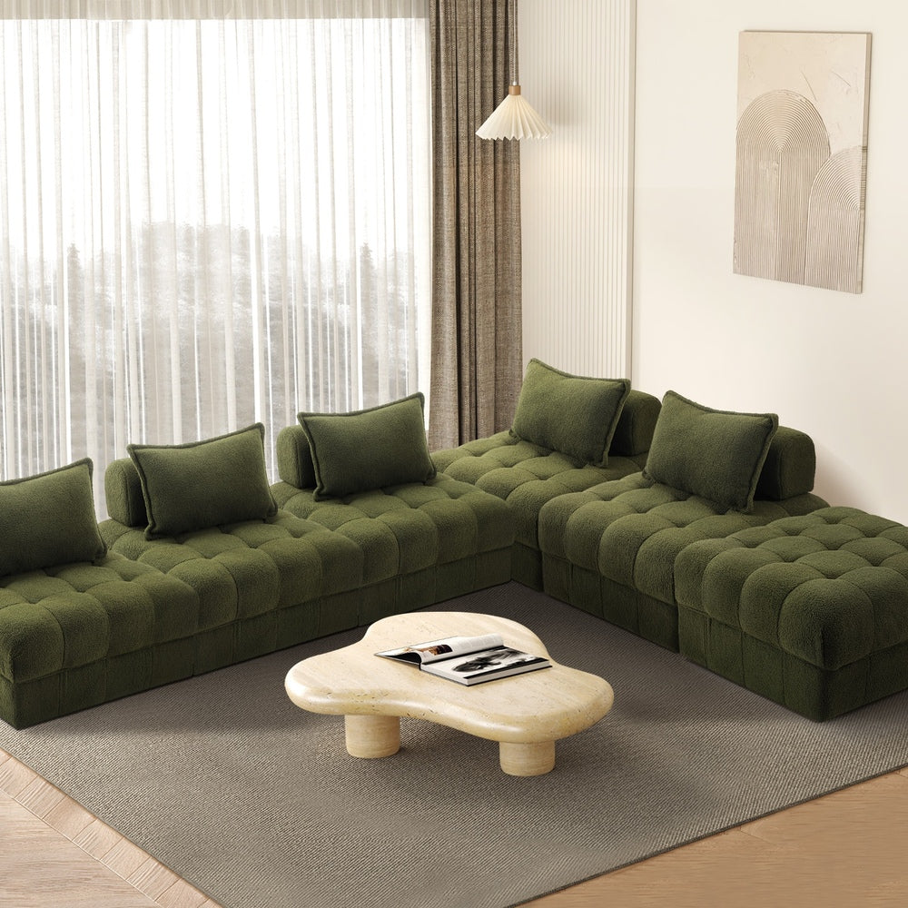 Oikiture 6 Seater Boucle Modular Sofa & Ottoman Set Green