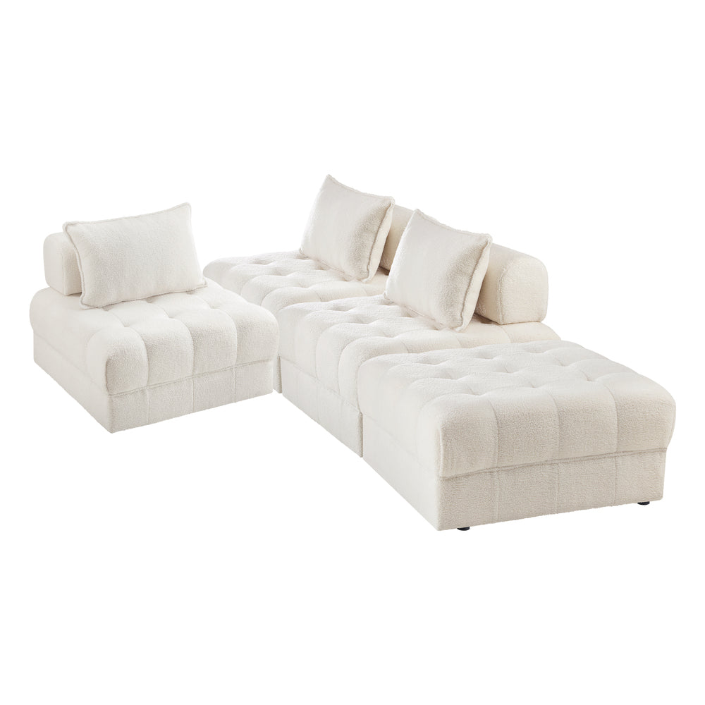Oikiture 4 Seater Boucle Modular Sofa & Ottoman Set Armless White