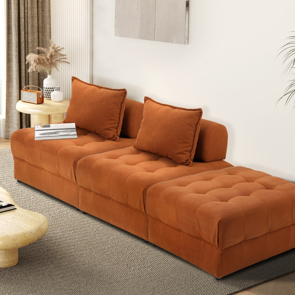 Oikiture 3 Seater Velvet Modular Sofa & Ottoman Set with Backrest Brown