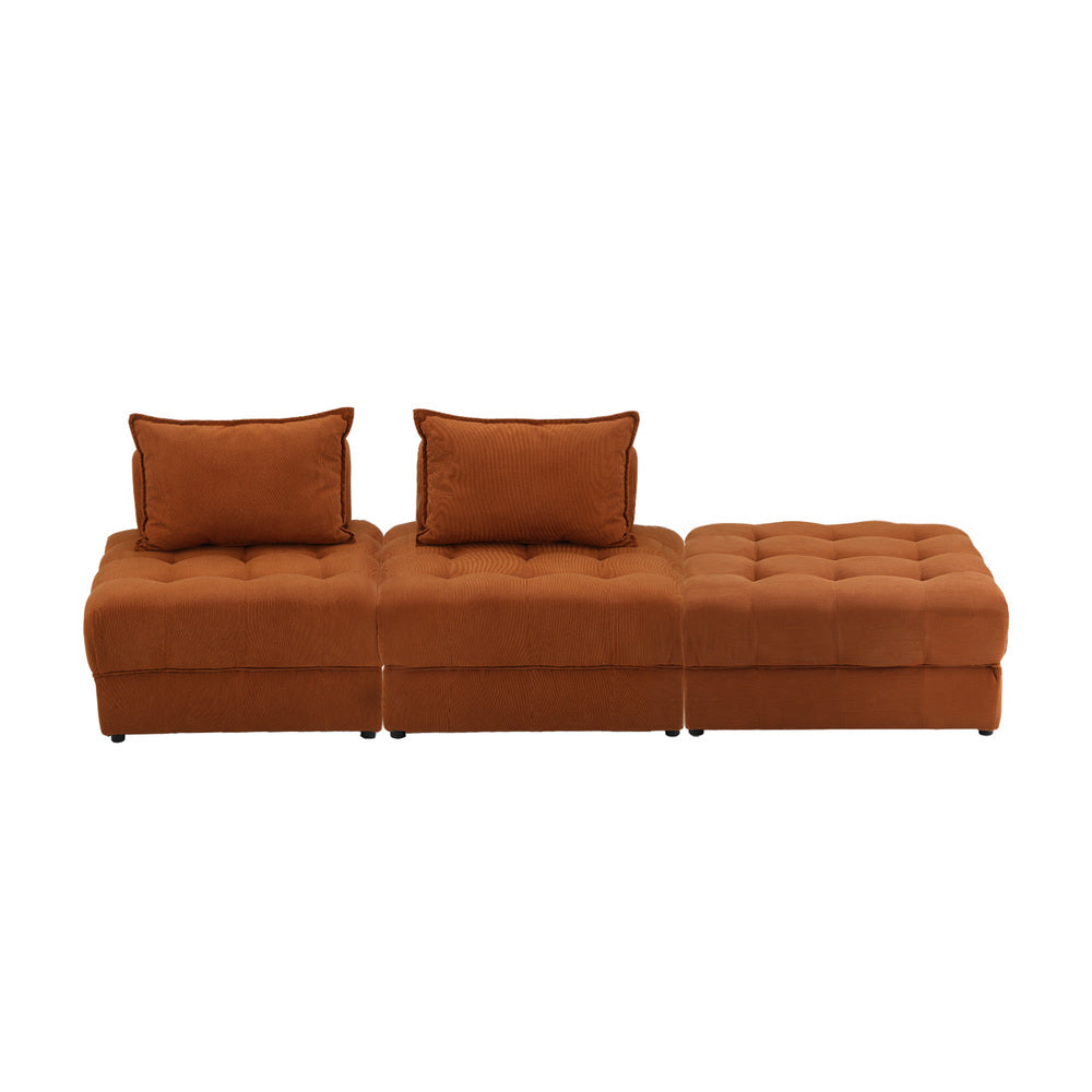 Oikiture 3 Seater Velvet Modular Sofa & Ottoman Set with Backrest Brown