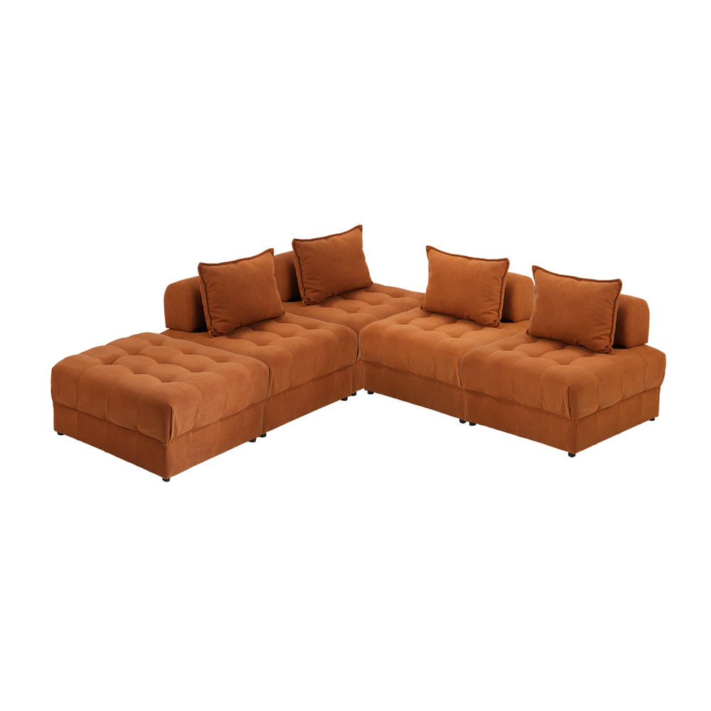 Oikiture 5 Seater Velvet Modular Sofa & Ottoman Set with Backrest Brown