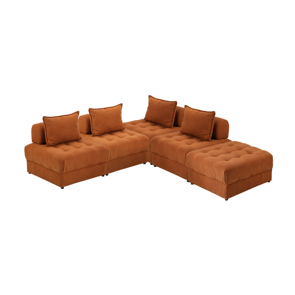 Oikiture 5 Seater Velvet Modular Sofa & Ottoman Set with Backrest Brown