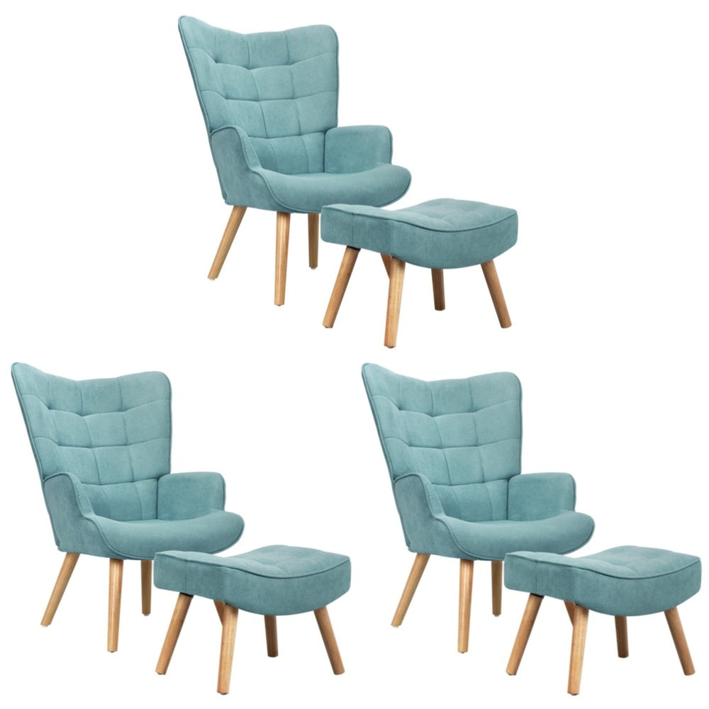 Oikiture 3x Armchair Lounge Chair Ottoman Fabric Sofa Blue