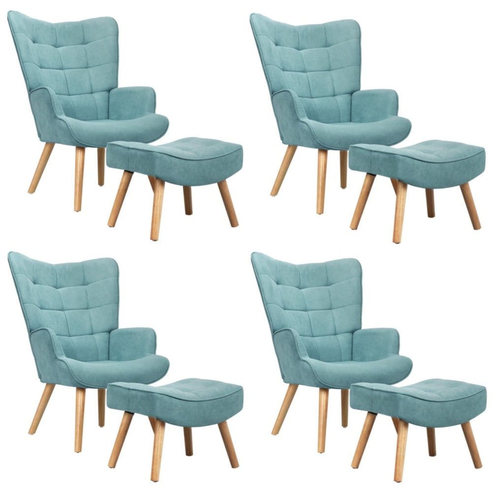 Oikiture 4x Armchair Lounge Chair Ottoman Fabric Sofa Blue
