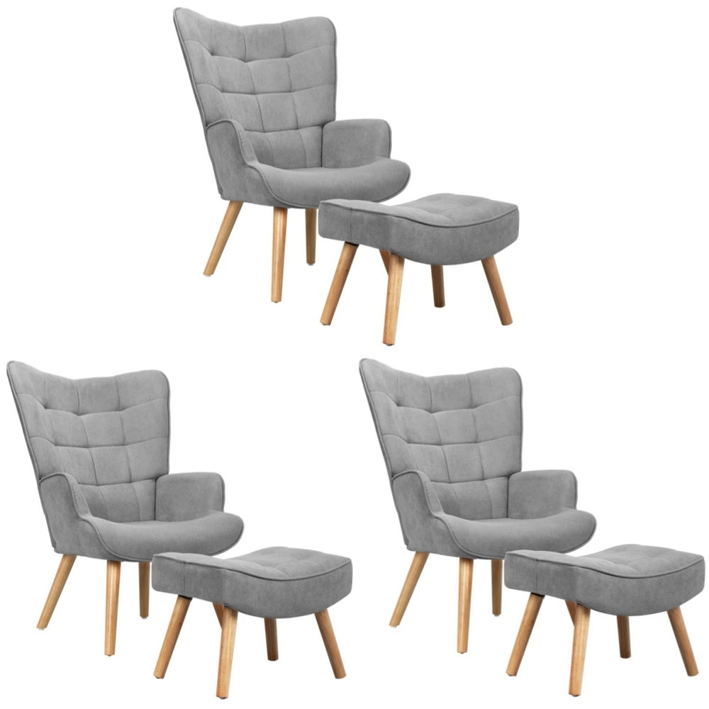Oikiture 3x Armchair Lounge Chair Ottoman Fabric Sofa Grey