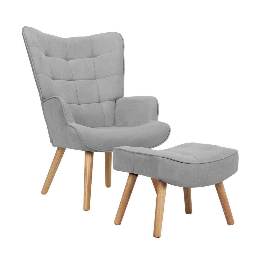 Oikiture 3x Armchair Lounge Chair Ottoman Fabric Sofa Grey