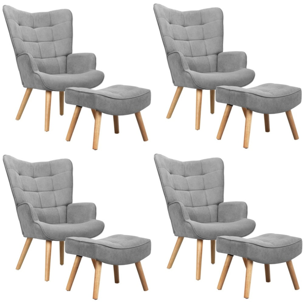 Oikiture 4x Armchair Lounge Chair Ottoman Fabric Sofa Grey