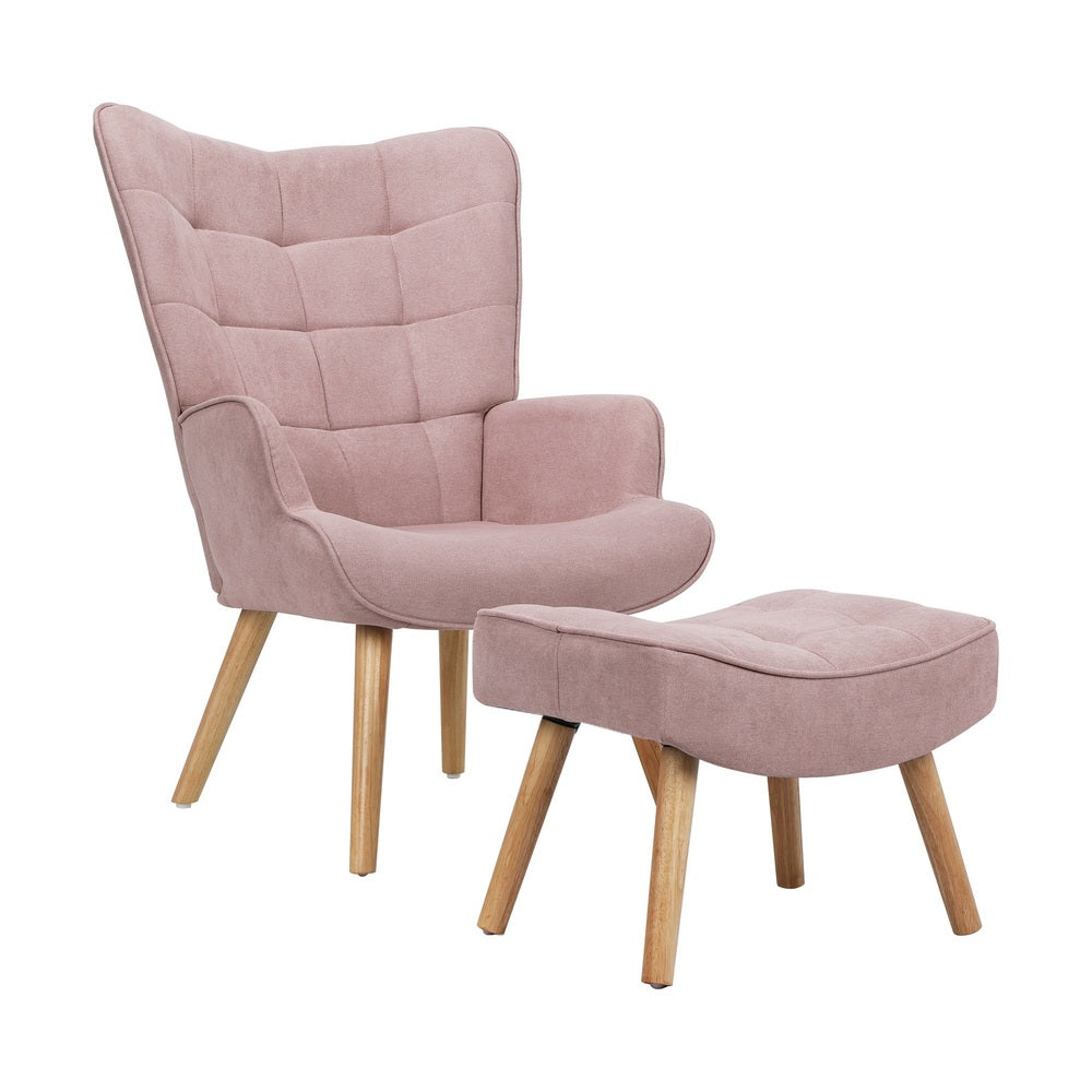 Oikiture 2x Armchair Lounge Chair Ottoman Fabric Sofa Pink