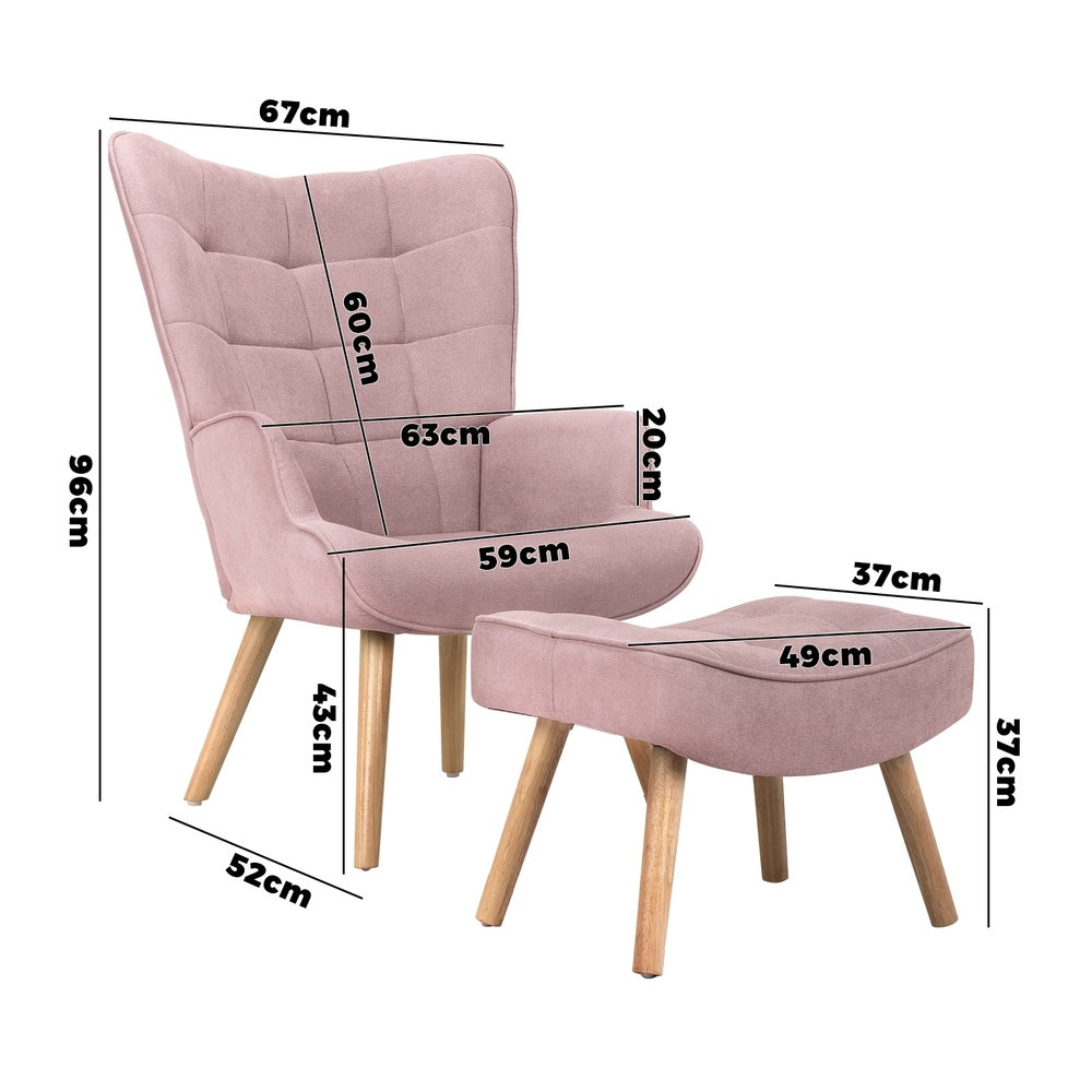 Oikiture 2x Armchair Lounge Chair Ottoman Fabric Sofa Pink