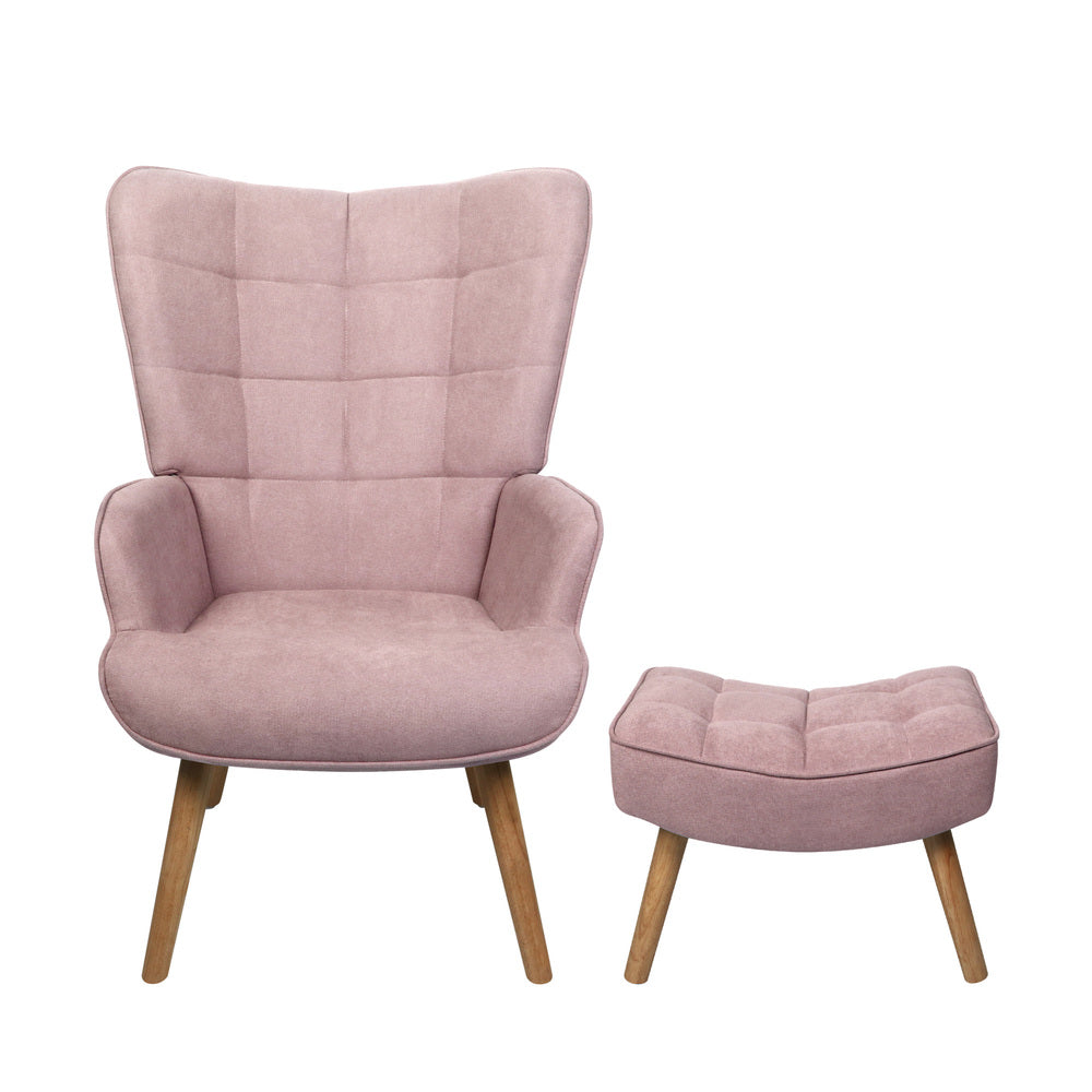 Oikiture 3x Armchair Lounge Chair Ottoman Fabric Sofa Pink