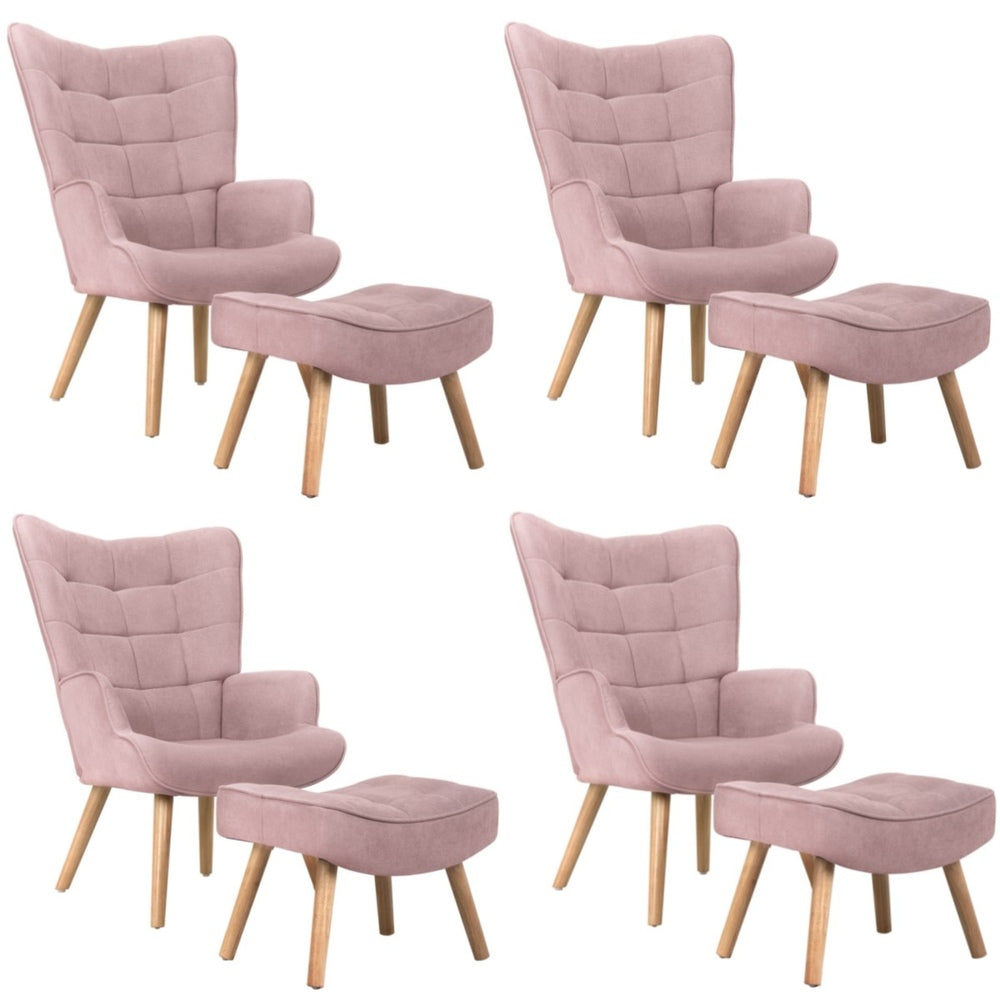 Oikiture 4x Armchair Lounge Chair Ottoman Fabric Sofa Pink