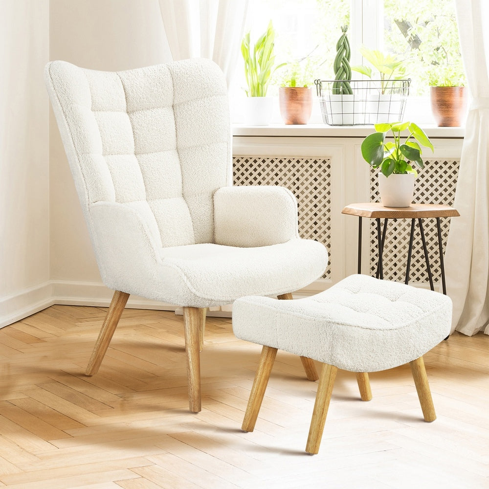 Oikiture 3x Armchair Lounge Chair Ottoman Sherpa Sofa White